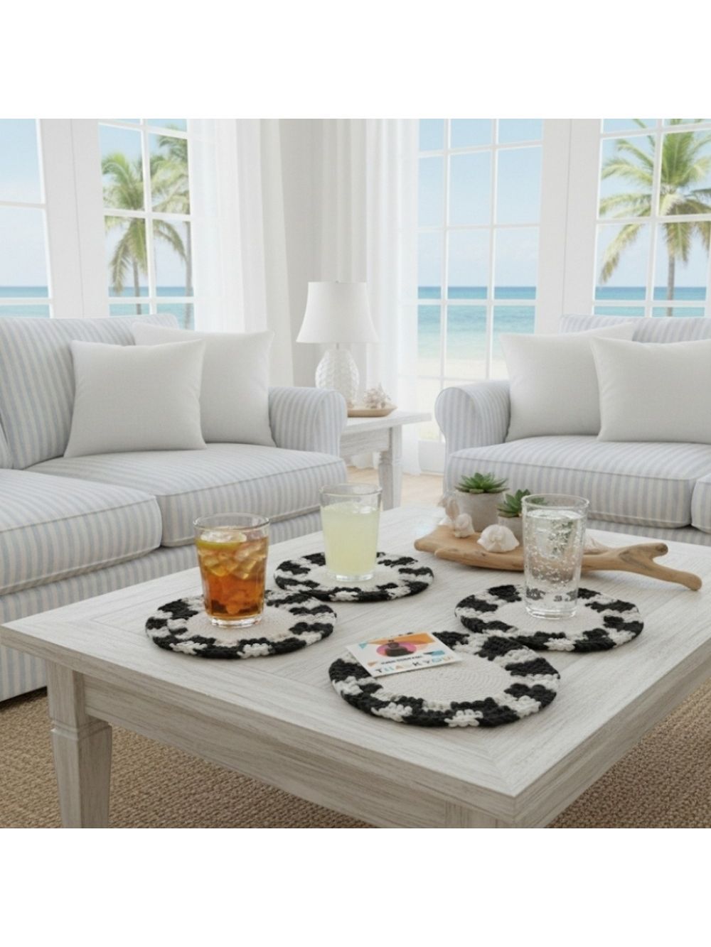Handmade Crochet Coaster Set 4pc 100% Cotton Black White Knit Round Mug Rugs 6"